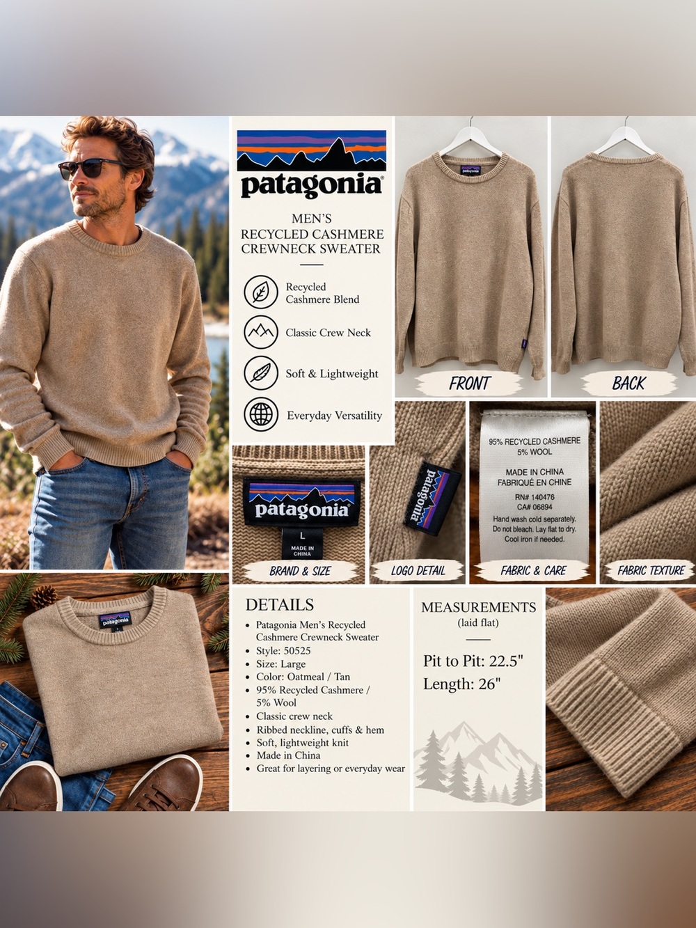 Patagonia Men’s Recycled Cashmere Crewneck Sweater Large Oatmeal Tan Style 50525